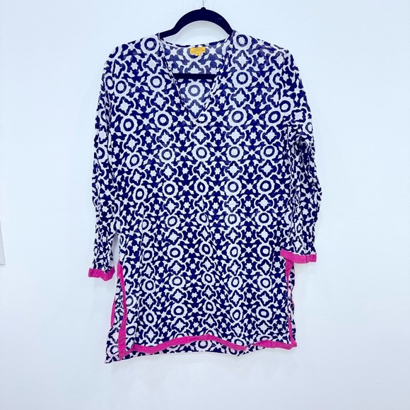 Roberta Roller Rabbit Navy Blue White Trellis Pink Trim Cotton Tunic Sz M - Picture 1 of 5
